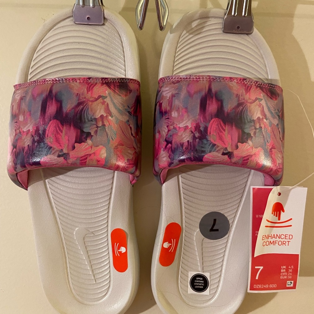Nike Women's Slide Sandals in Pink Floral Print and White